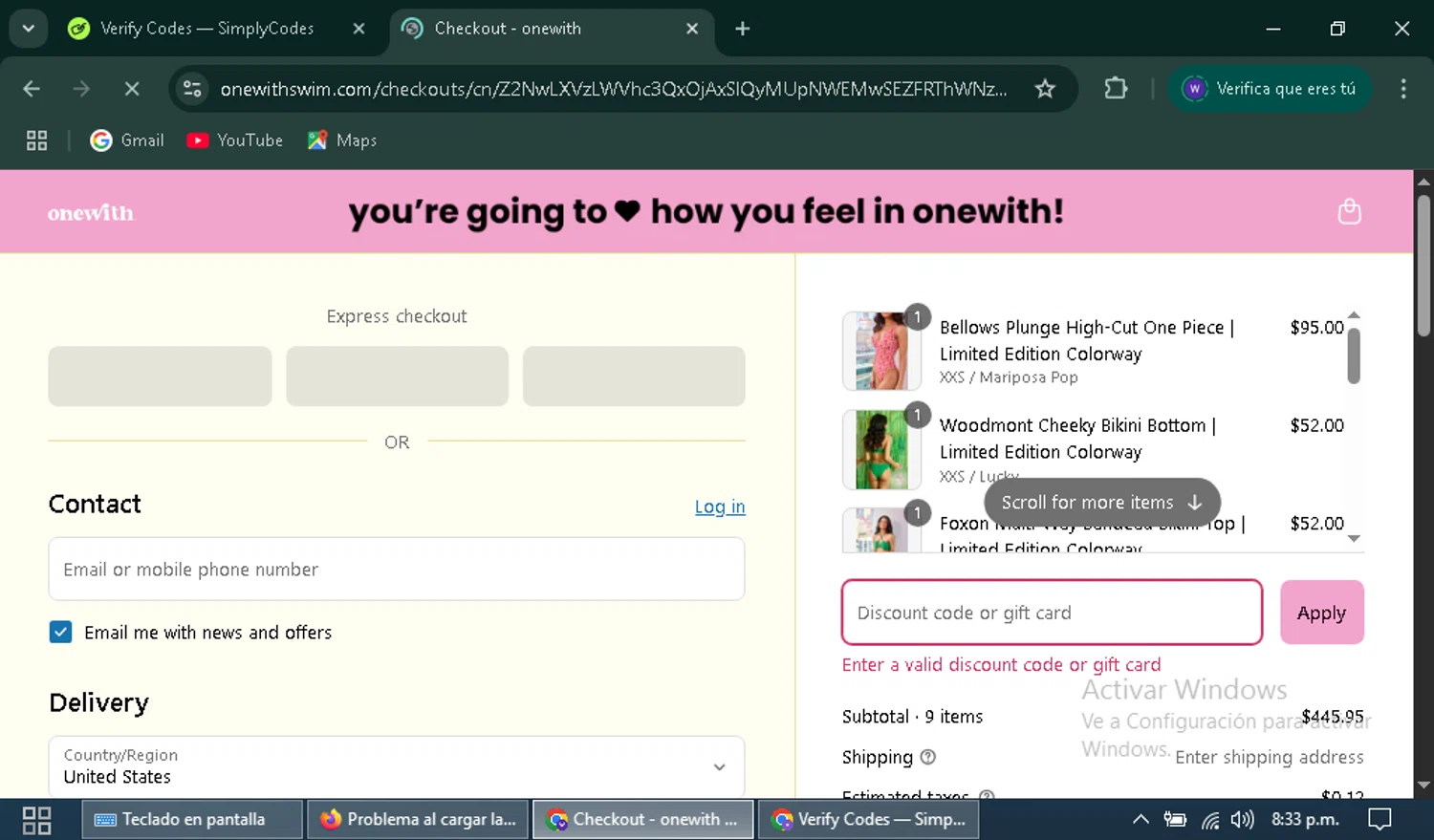 onewith promo code screenshot showing code SIMPLY10 applied at onewith checkout page. Uploaded by SimplyCodes community member wuilmasoncoronado on Apr 30, 2025