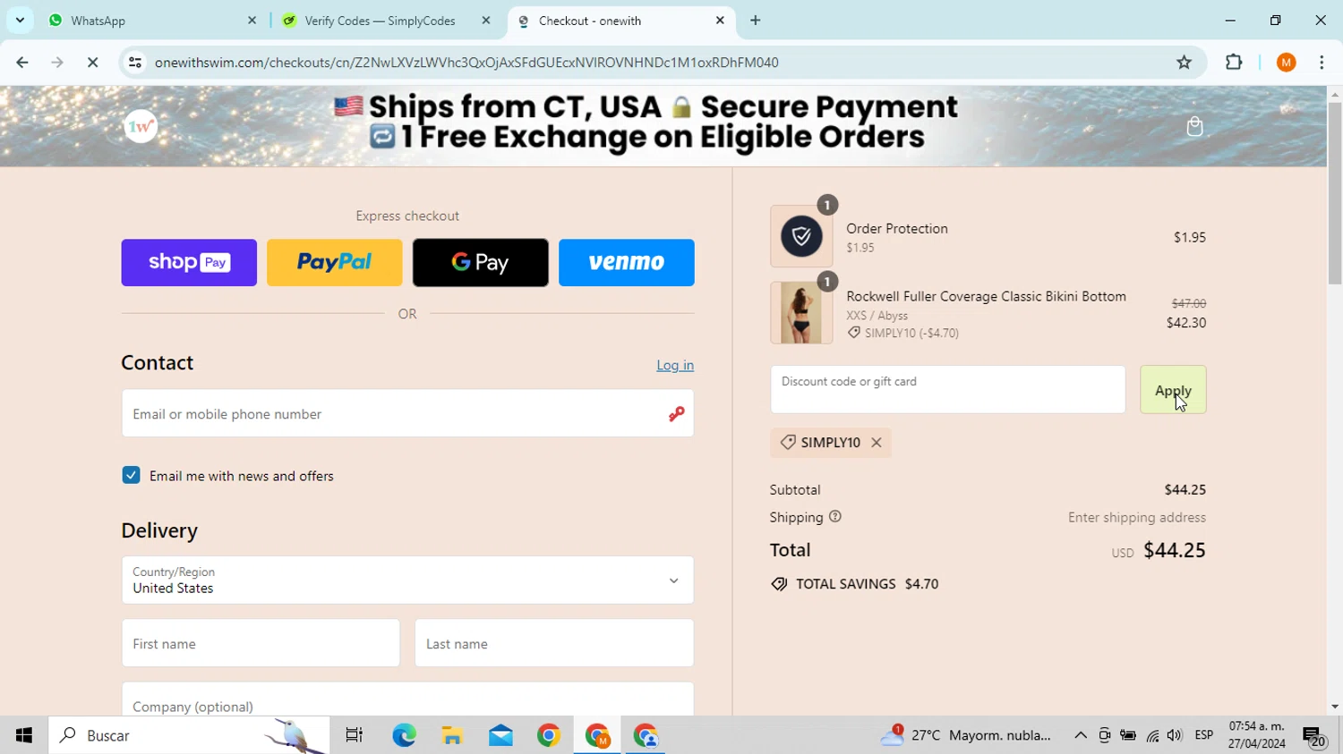 onewith checkout page showing onewith promo code box | Screenshot taken by SimplyCodes community member on Apr 27, 2024