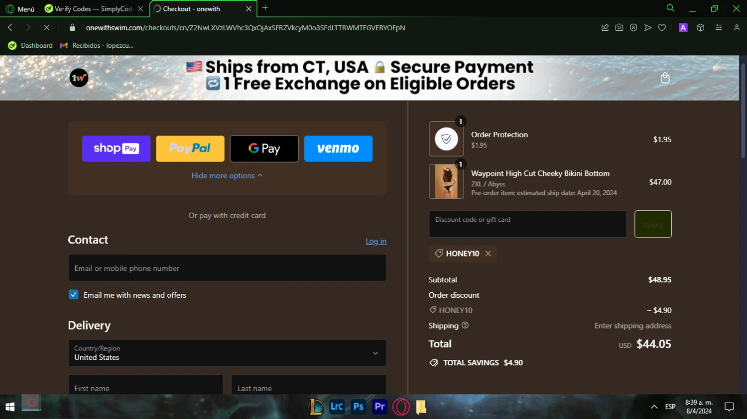 onewith checkout page showing onewith promo code box | Screenshot taken by SimplyCodes community member on Apr 8, 2024