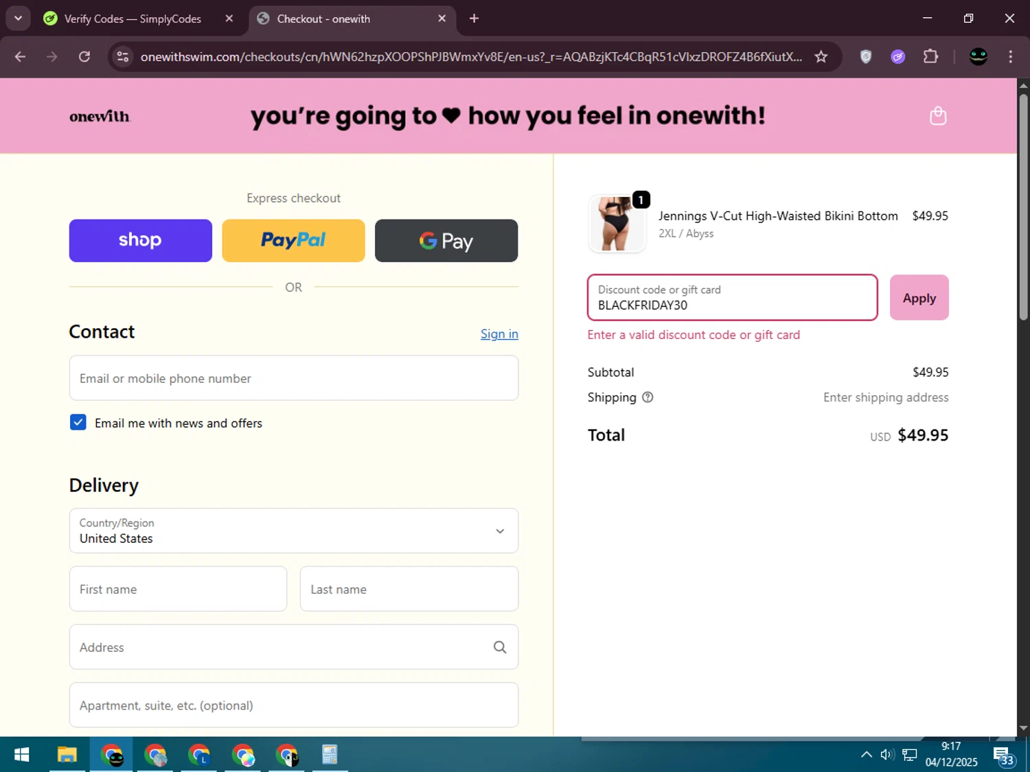 onewith promo code screenshot showing code BLACKFRIDAY30 applied at onewith checkout page. Uploaded by SimplyCodes community member BargainWizard5755 on Dec 4, 2025