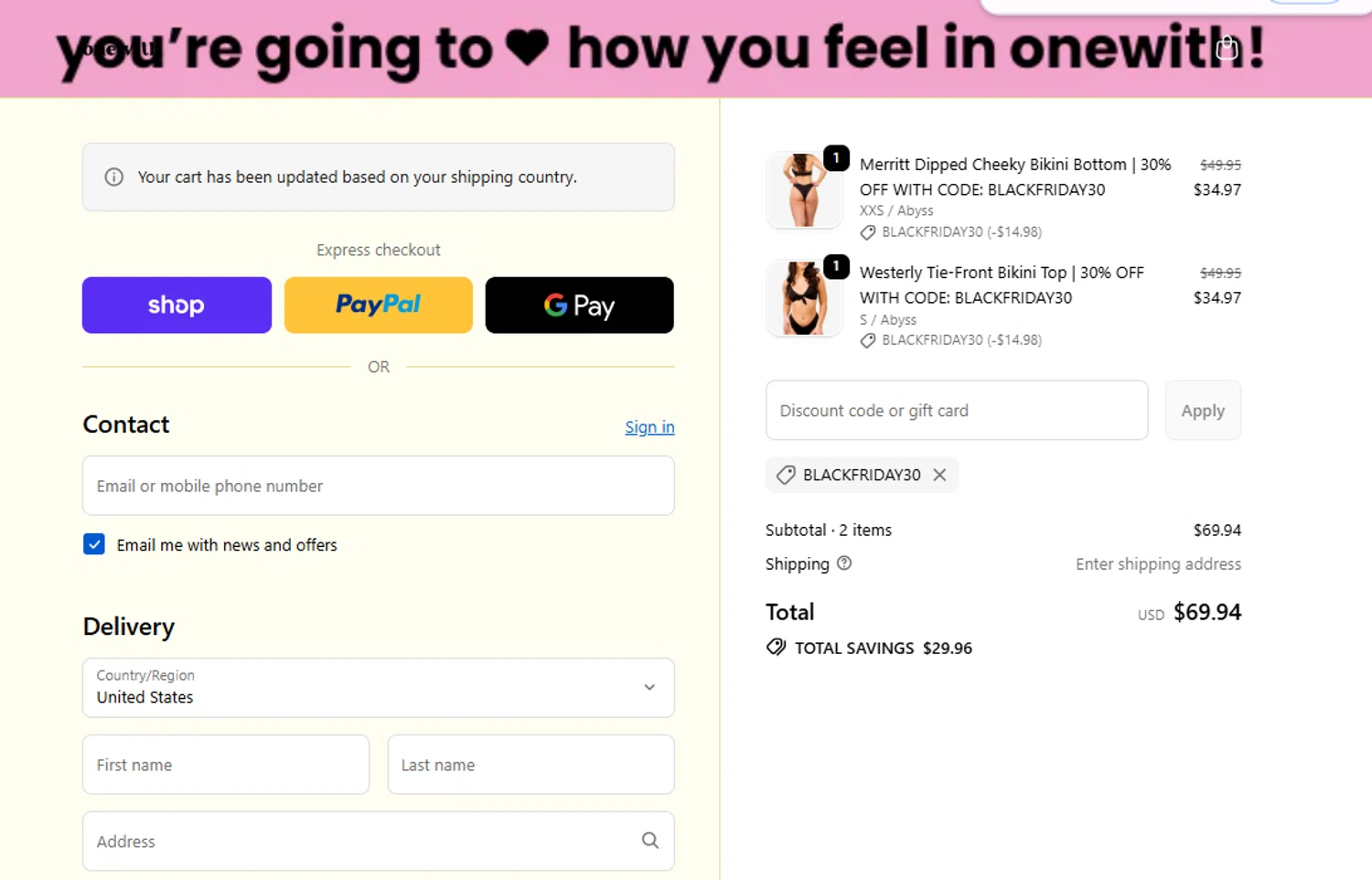 onewith promo code screenshot showing code BLACKFRIDAY30 applied at onewith checkout page. Uploaded by SimplyCodes community member CouponWarden4757 on Nov 27, 2025