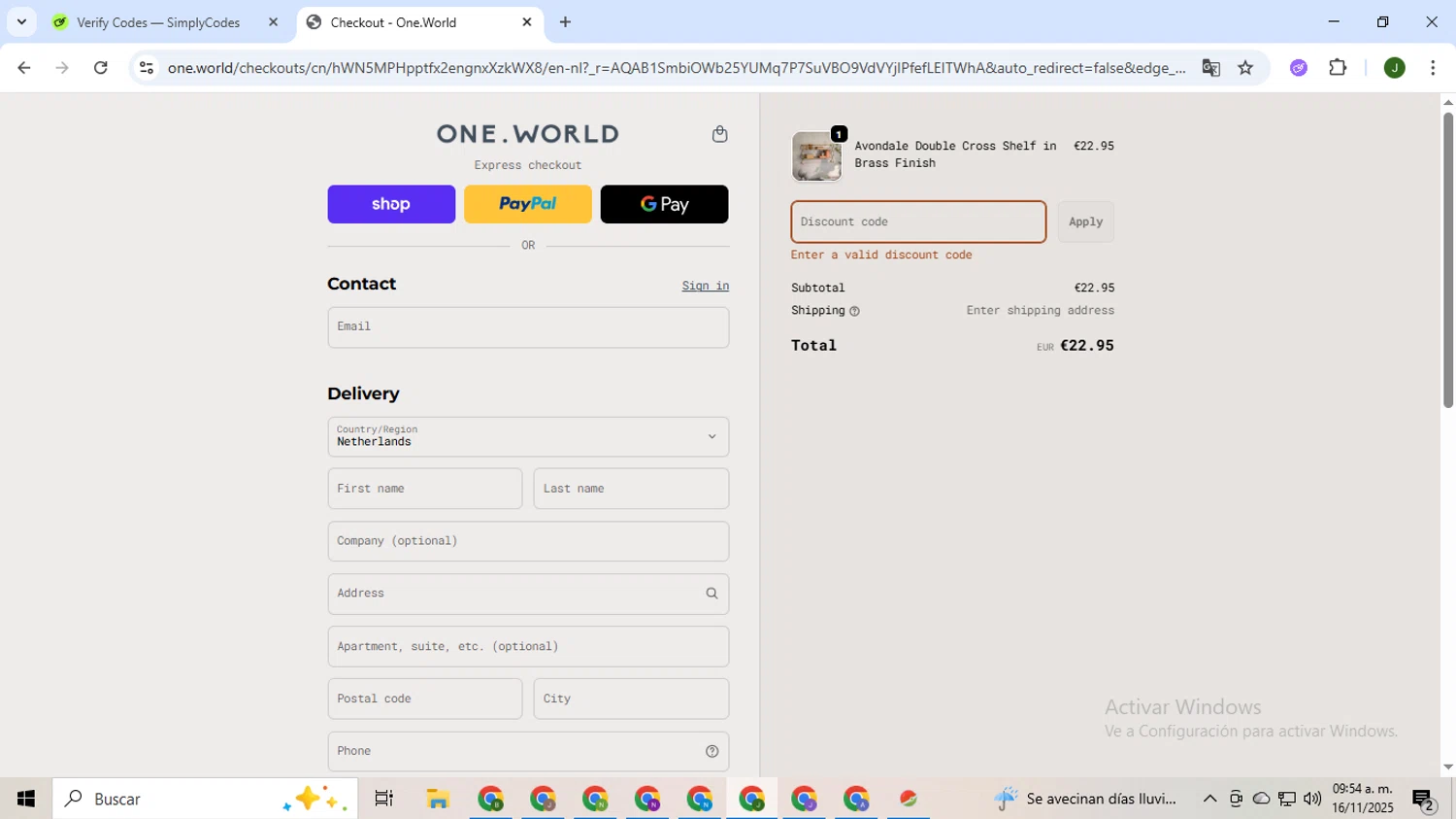 One World promo code screenshot showing code Secret50 applied at One World checkout page. Uploaded by SimplyCodes community member CleverSeeker3529 on Nov 16, 2025