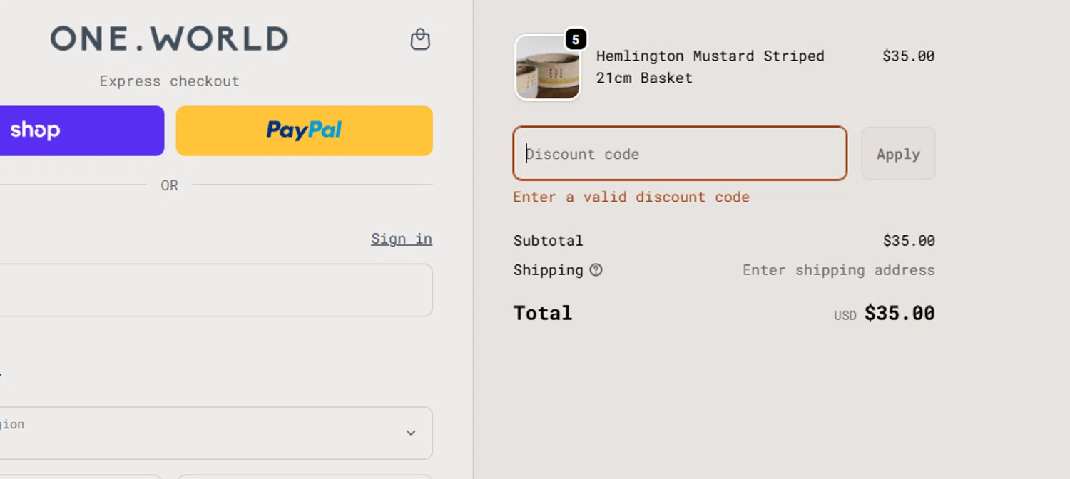 One World promo code screenshot showing code Secret50 applied at One World checkout page. Uploaded by SimplyCodes community member tupaki on Nov 16, 2025