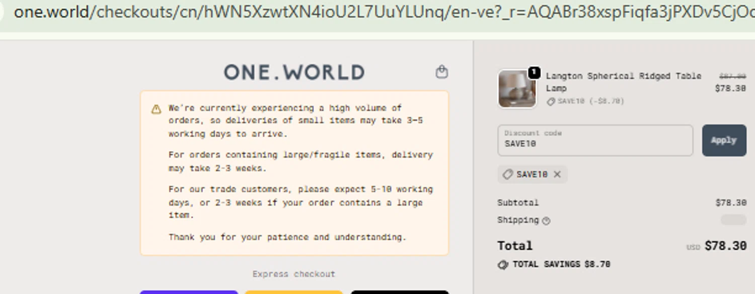 One World promo code screenshot showing code SAVE10 applied at One World checkout page. Uploaded by SimplyCodes community member CashMaestro9337 on Nov 21, 2025