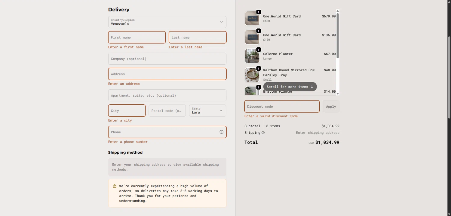 One World promo code screenshot showing code VIP20 applied at One World checkout page. Uploaded by SimplyCodes community member CleverWizard6538 on Dec 7, 2025