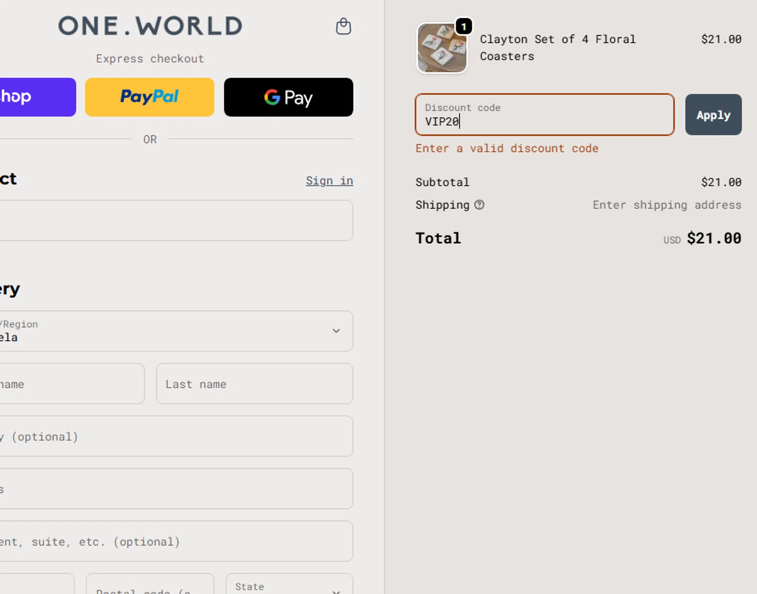 One World promo code screenshot showing code VIP20 applied at One World checkout page. Uploaded by SimplyCodes community member ShrewdHunter3220 on Dec 7, 2025