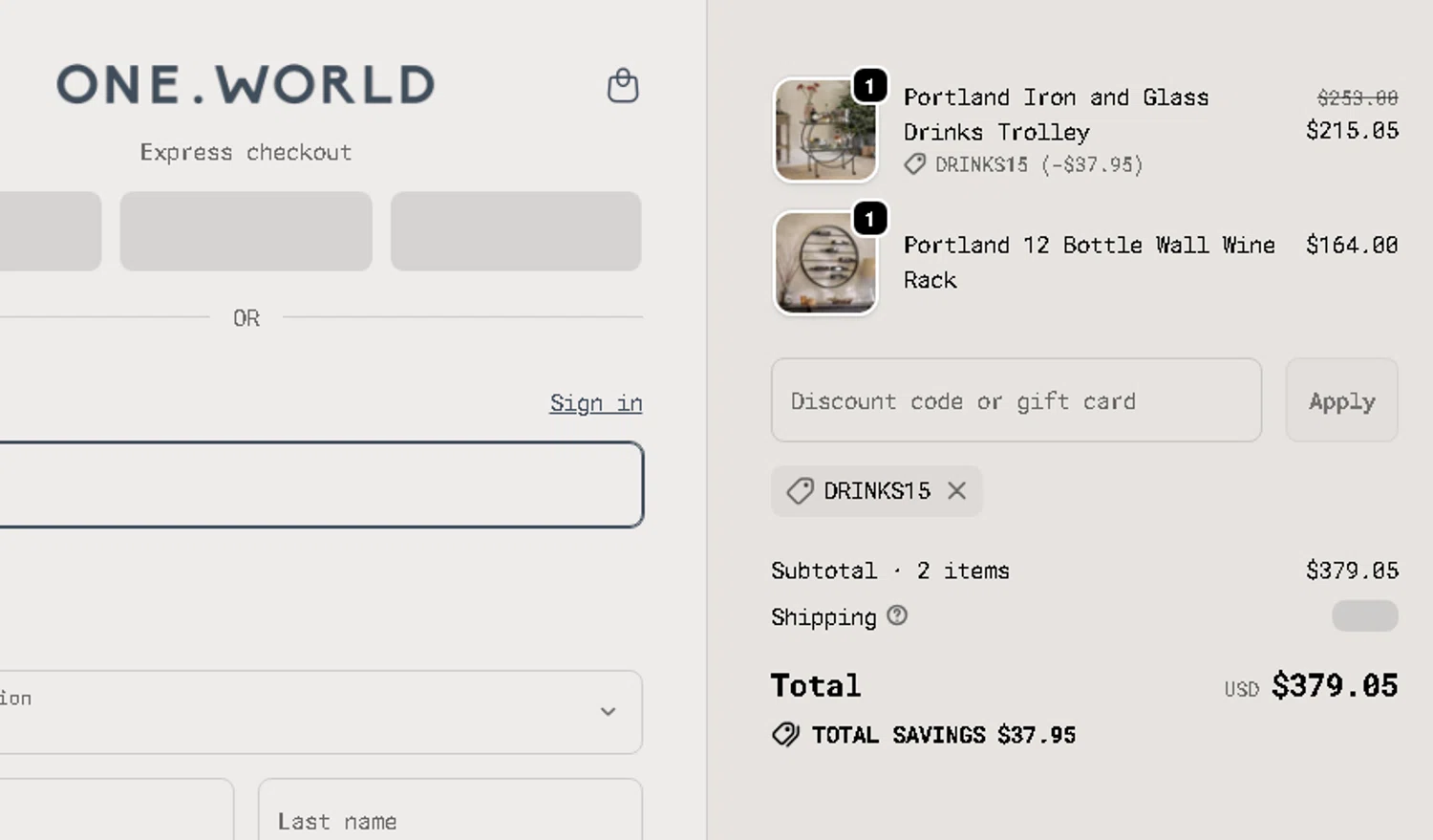 One World promo code screenshot showing code DRINKS15 applied at One World checkout page. Uploaded by SimplyCodes community member AMANDA2681 on Dec 14, 2025