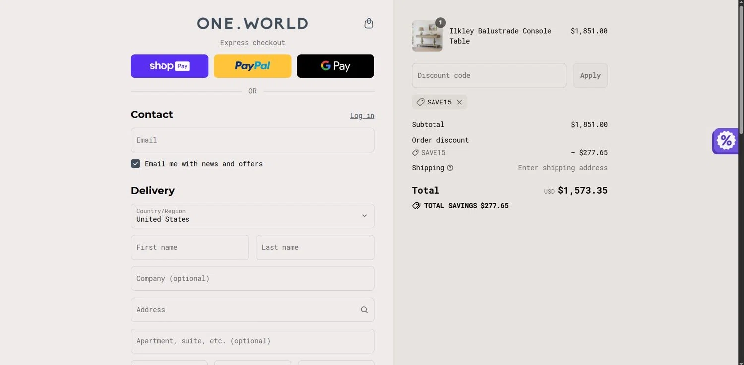 One World promo code screenshot showing code SAVE15 applied at One World checkout page. Uploaded by SimplyCodes community member Depressive on Jul 4, 2025
