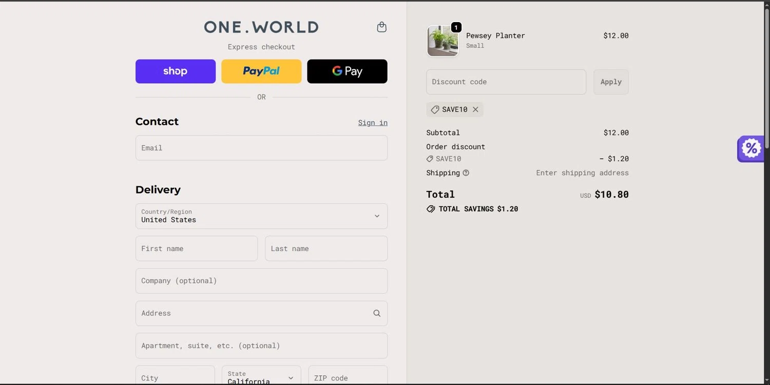 One World promo code screenshot showing code SAVE10 applied at One World checkout page. Uploaded by SimplyCodes community member Depressive on Nov 12, 2025