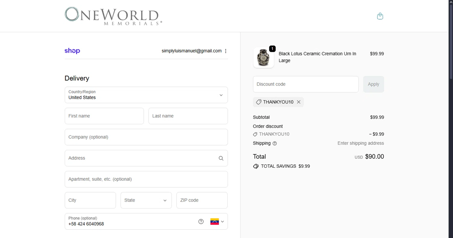 OneWorld Memorials discount code screenshot showing code THANKYOU10 applied at OneWorld Memorials checkout page. Uploaded by SimplyCodes community member MoneyScout2554 on Nov 9, 2025
