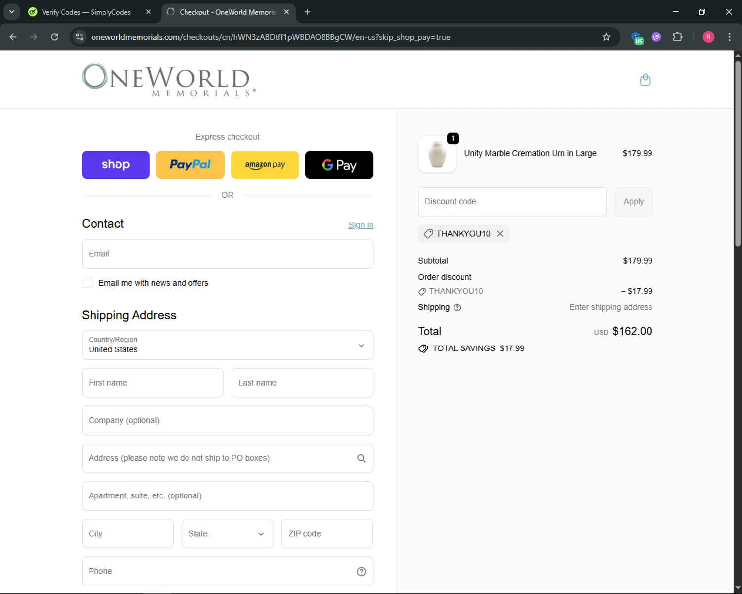 OneWorld Memorials discount code screenshot showing code THANKYOU10 applied at OneWorld Memorials checkout page. Uploaded by SimplyCodes community member ThriftyGuardian8485 on Oct 11, 2025