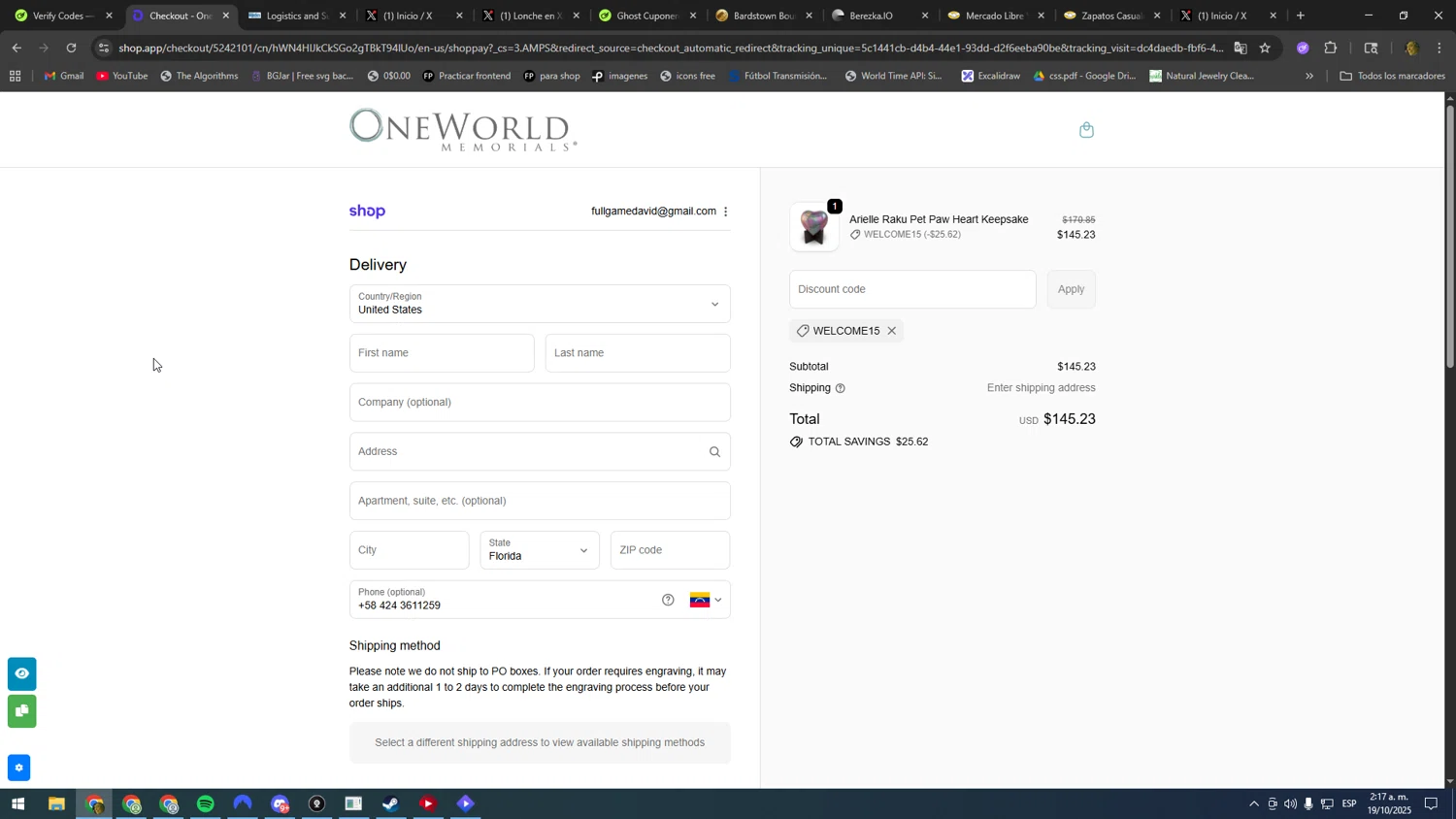 OneWorld Memorials discount code screenshot showing code WELCOME15 applied at OneWorld Memorials checkout page. Uploaded by SimplyCodes community member SOOOOOOOOOOOOOOOOOOOOOOO on Oct 19, 2025