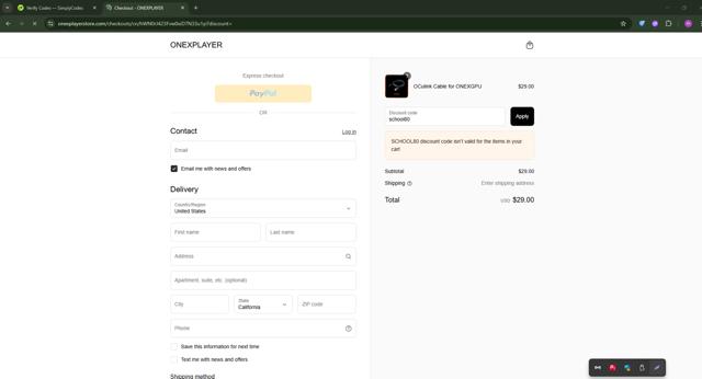 ONEXPLAYER checkout page showing ONEXPLAYER discount code box | Screenshot taken by SimplyCodes community member on Jul 20, 2025