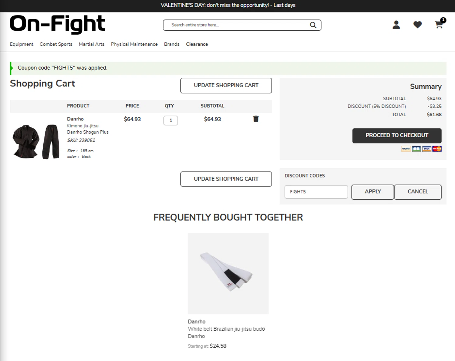 On-Fight promo code screenshot showing code FIGHT5 applied at On-Fight checkout page. Uploaded by SimplyCodes community member Tortugasninja on Feb 9, 2025