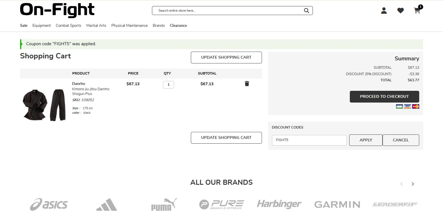 On-Fight promo code screenshot showing code FIGHT5 applied at On-Fight checkout page. Uploaded by SimplyCodes community member kalltrom21 on Jan 11, 2025