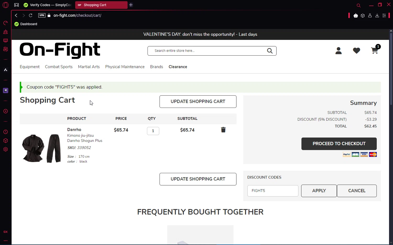 On-Fight promo code screenshot showing code FIGHT5 applied at On-Fight checkout page. Uploaded by SimplyCodes community member jakeperro on Feb 9, 2025