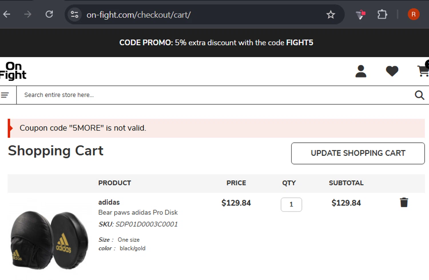 On-Fight promo code screenshot showing code 5MORE applied at On-Fight checkout page. Uploaded by SimplyCodes community member RafaLB on Sep 24, 2025