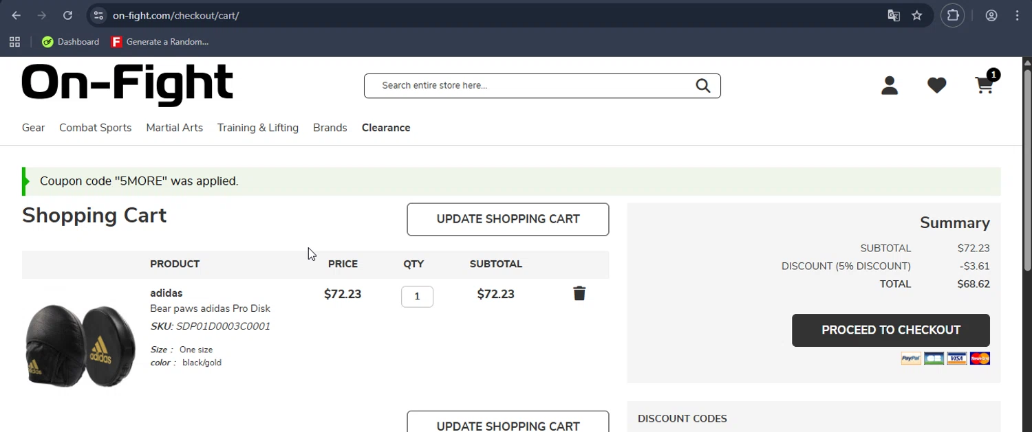 On-Fight promo code screenshot showing code 5MORE applied at On-Fight checkout page. Uploaded by SimplyCodes community member RewardOwl2444 on Aug 26, 2025
