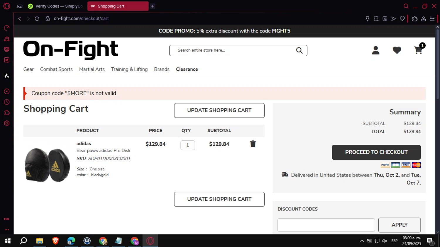 On-Fight promo code screenshot showing code 5MORE applied at On-Fight checkout page. Uploaded by SimplyCodes community member VoucherCollector3778 on Sep 24, 2025