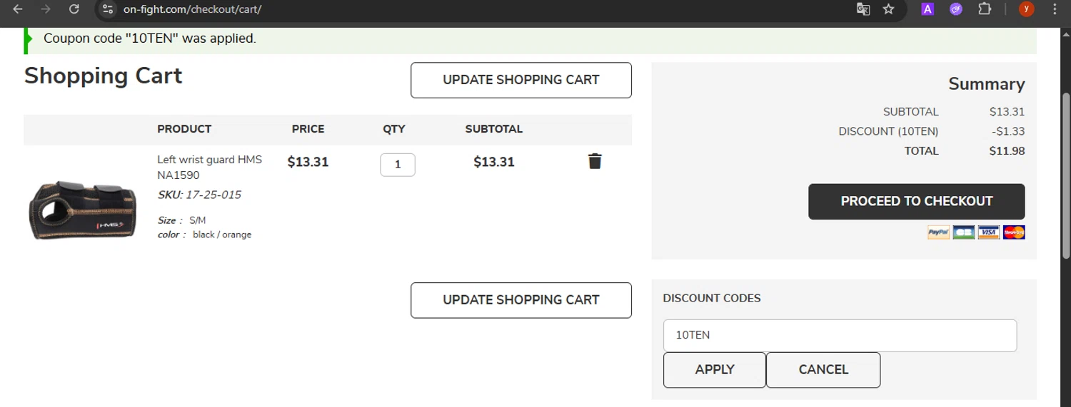 On-Fight promo code screenshot showing code 10TEN applied at On-Fight checkout page. Uploaded by SimplyCodes community member CrownTiger7501 on Aug 17, 2025