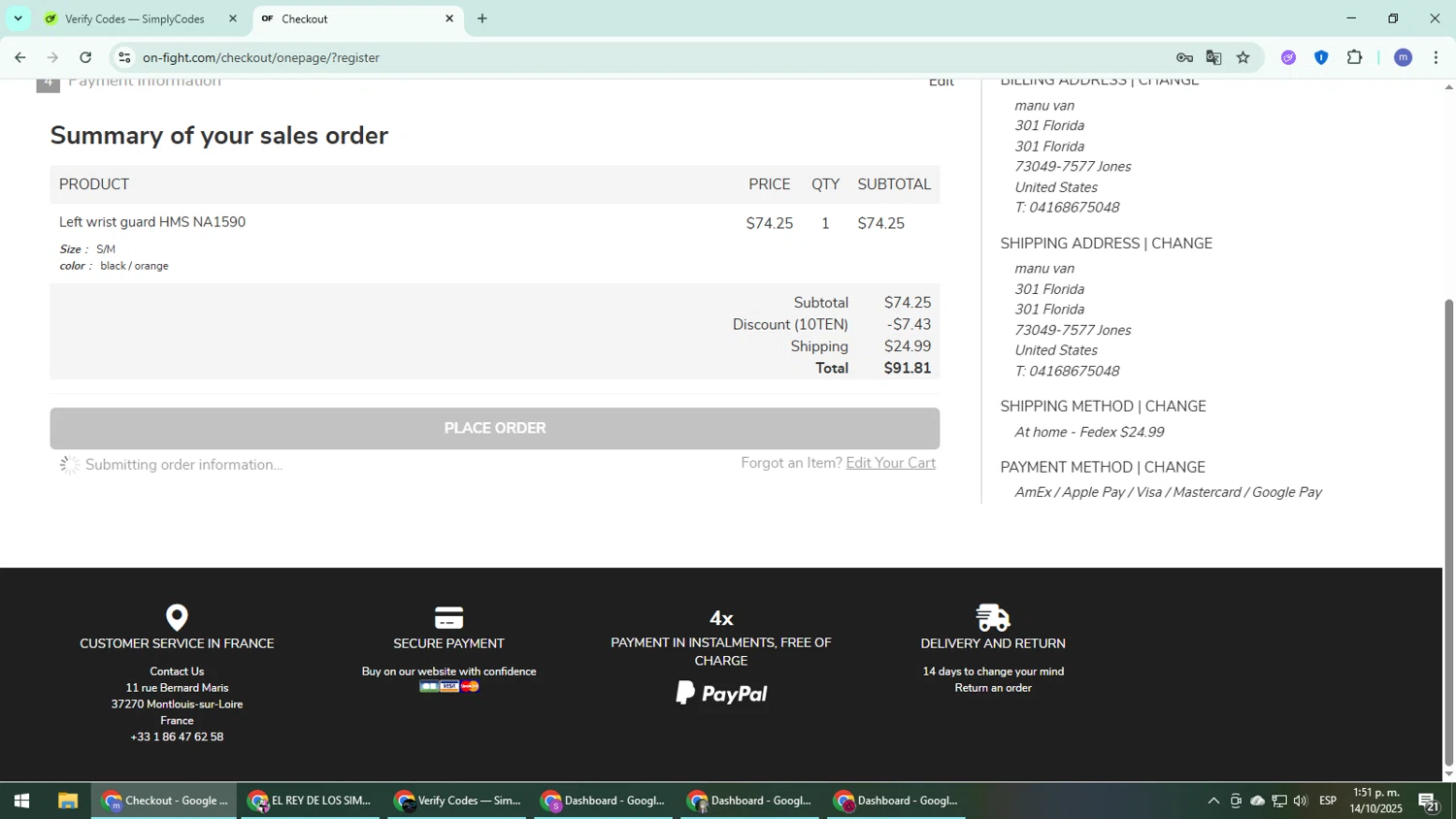 On-Fight promo code screenshot showing code 10TEN applied at On-Fight checkout page. Uploaded by SimplyCodes community member QuestDefender2661 on Oct 14, 2025
