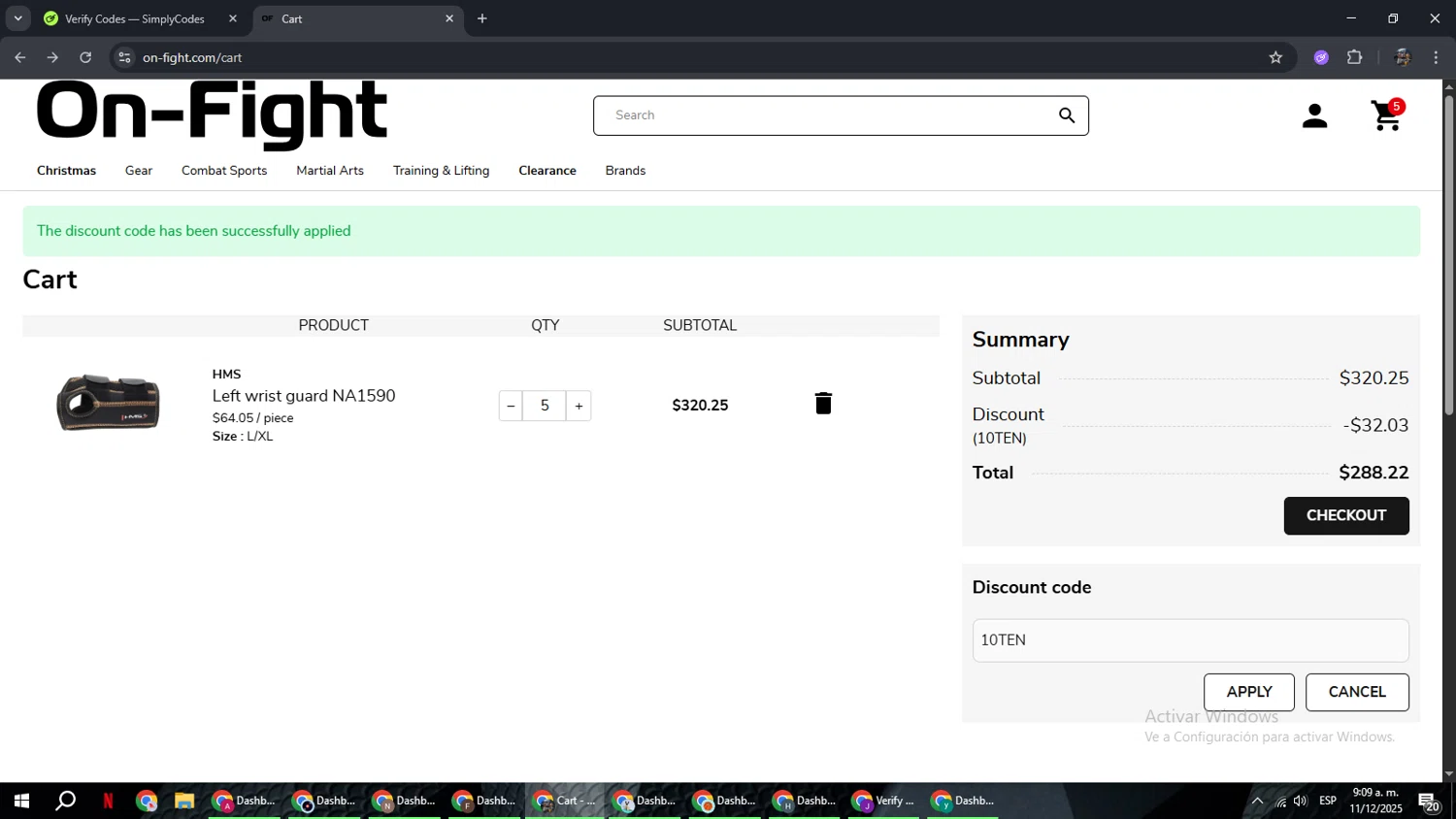 On-Fight promo code screenshot showing code 10TEN applied at On-Fight checkout page. Uploaded by SimplyCodes community member xxdddd on Dec 11, 2025