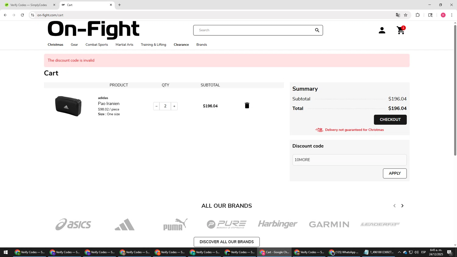 On-Fight promo code screenshot showing code 10MORE applied at On-Fight checkout page. Uploaded by SimplyCodes community member TTTT55 on Dec 24, 2025
