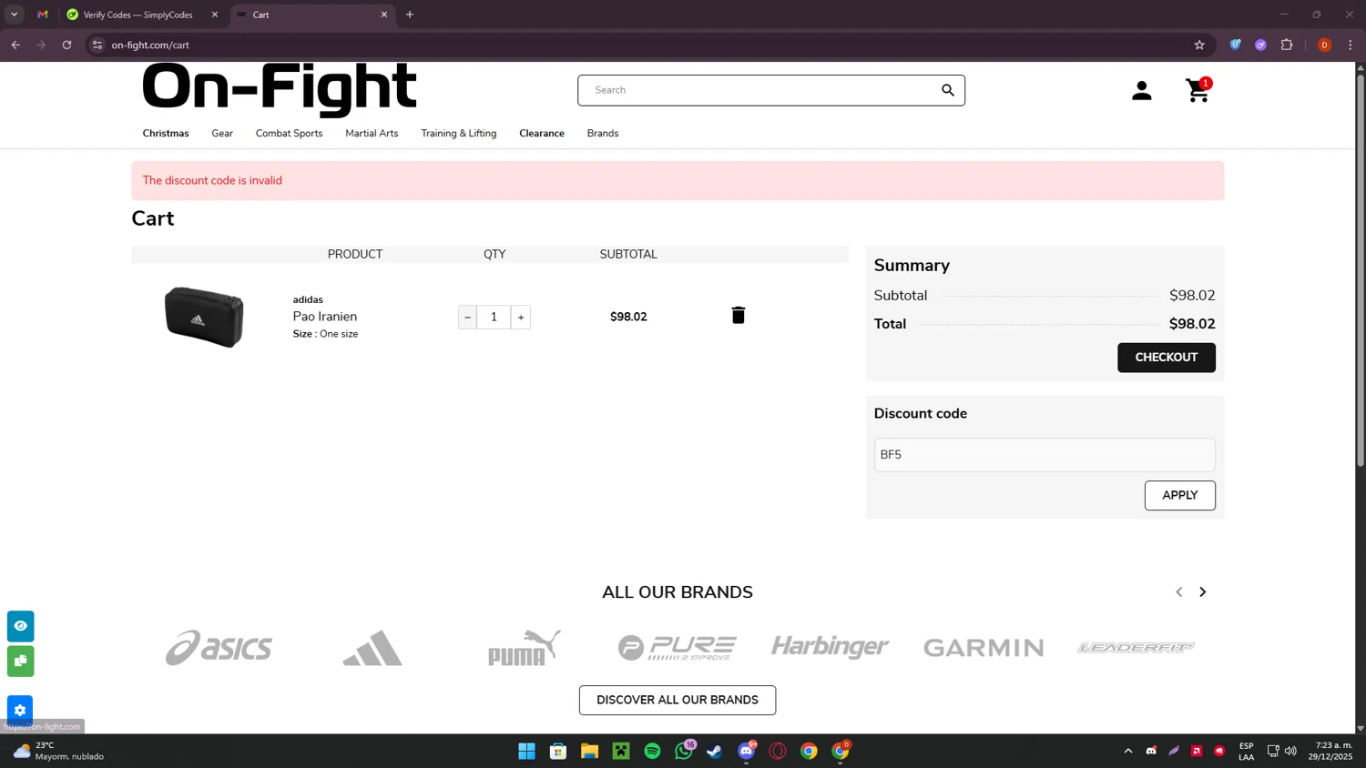 On-Fight promo code screenshot showing code BF5 applied at On-Fight checkout page. Uploaded by SimplyCodes community member Corleone on Dec 29, 2025