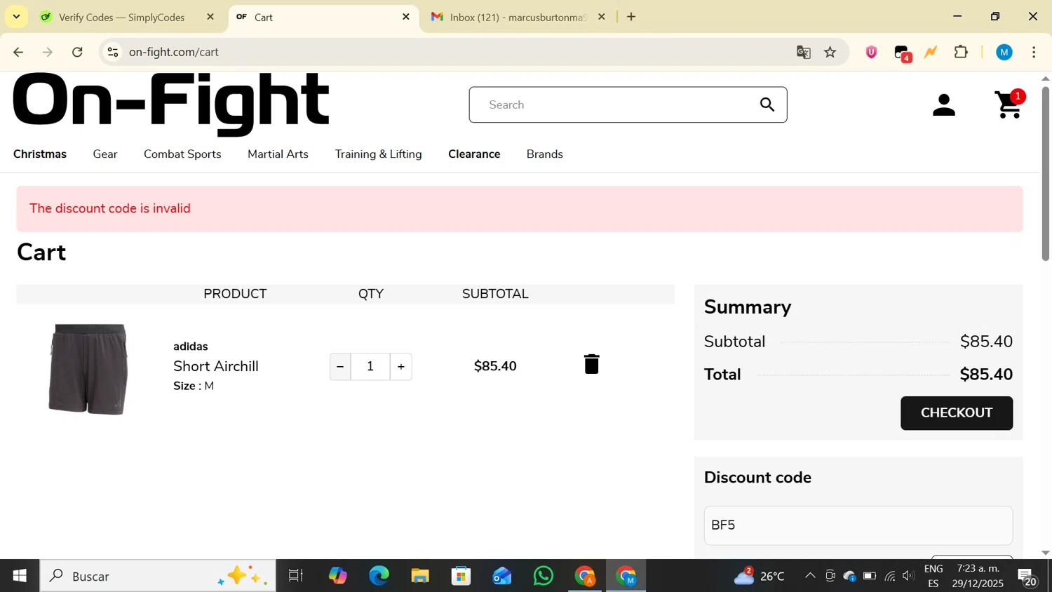 On-Fight promo code screenshot showing code BF5 applied at On-Fight checkout page. Uploaded by SimplyCodes community member LegendaryAce4371 on Dec 29, 2025