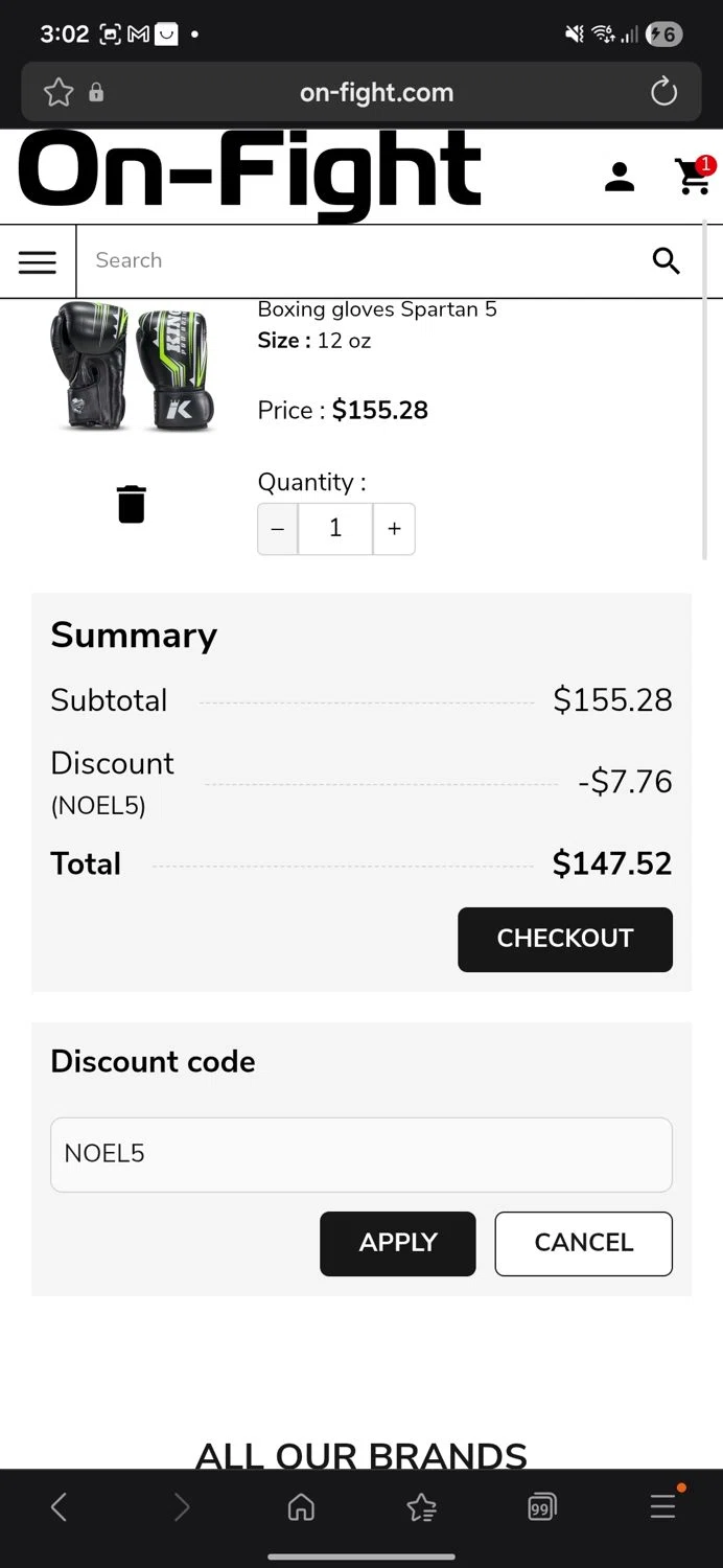 On-Fight checkout page showing On-Fight promo code box | Screenshot taken by SimplyCodes community member on Dec 9, 2025