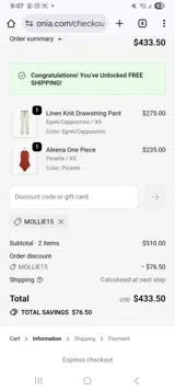 Mollie15 coupon verification screenshot