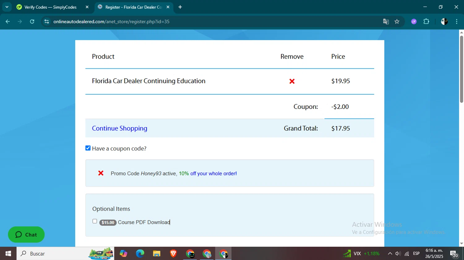 Online Auto Dealer Ed promo code screenshot showing code honey93 applied at Online Auto Dealer Ed checkout page. Uploaded by SimplyCodes community member CleverSage9163 on May 26, 2025