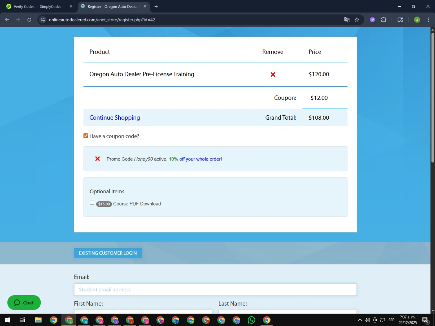 Online Auto Dealer Ed promo code screenshot showing code honey90 applied at Online Auto Dealer Ed checkout page. Uploaded by SimplyCodes community member MightyFinder1041 on Dec 22, 2025