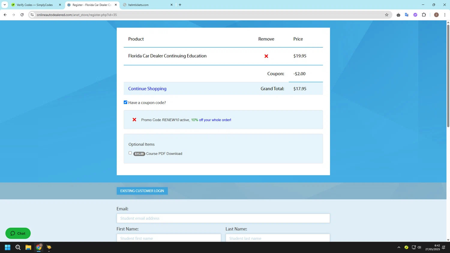 Online Auto Dealer Ed promo code screenshot showing code Renew10 applied at Online Auto Dealer Ed checkout page. Uploaded by SimplyCodes community member CashSleuth106 on May 27, 2025