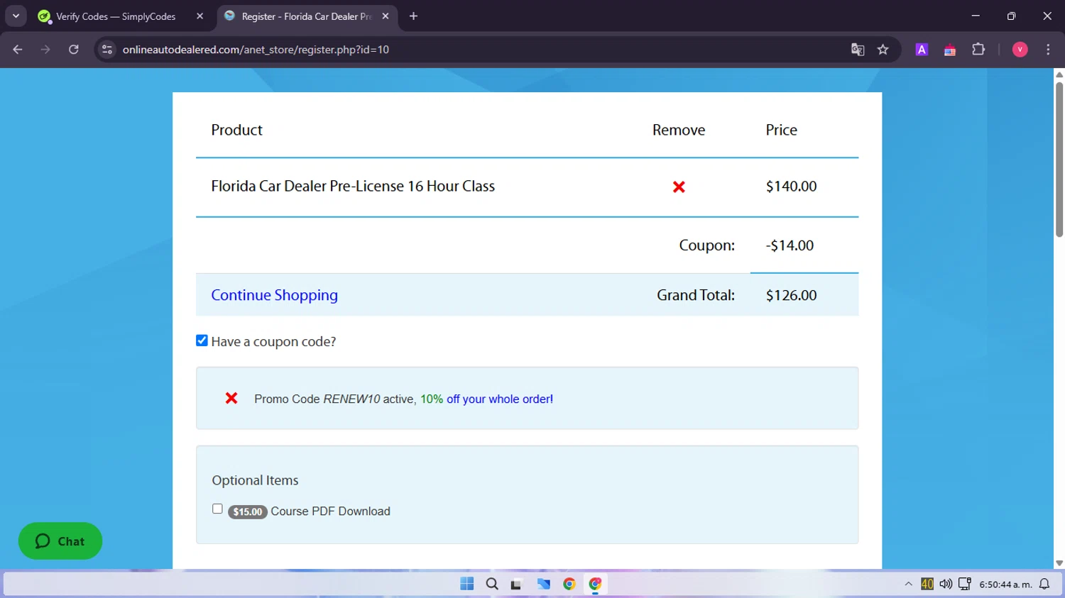 Online Auto Dealer Ed promo code screenshot showing code Renew10 applied at Online Auto Dealer Ed checkout page. Uploaded by SimplyCodes community member GloriousMaestro4930 on Mar 30, 2025