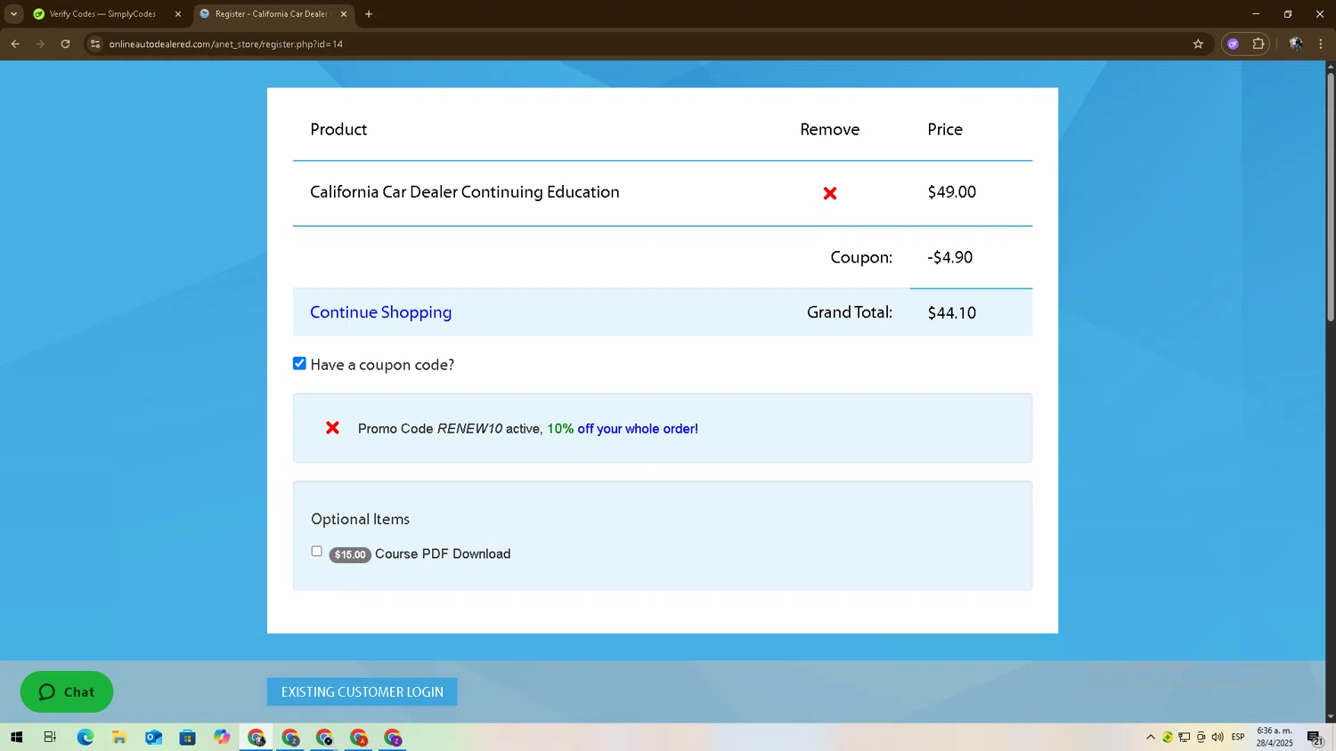 Online Auto Dealer Ed promo code screenshot showing code Renew10 applied at Online Auto Dealer Ed checkout page. Uploaded by SimplyCodes community member 27zxbr on Apr 28, 2025