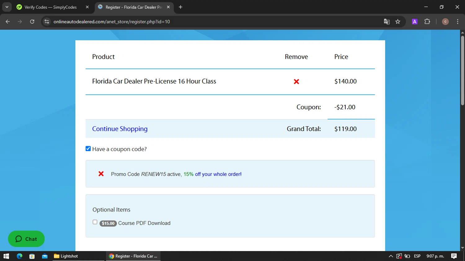 Online Auto Dealer Ed promo code screenshot showing code RENEW15 applied at Online Auto Dealer Ed checkout page. Uploaded by SimplyCodes community member VoucherRanger901 on Jun 14, 2025