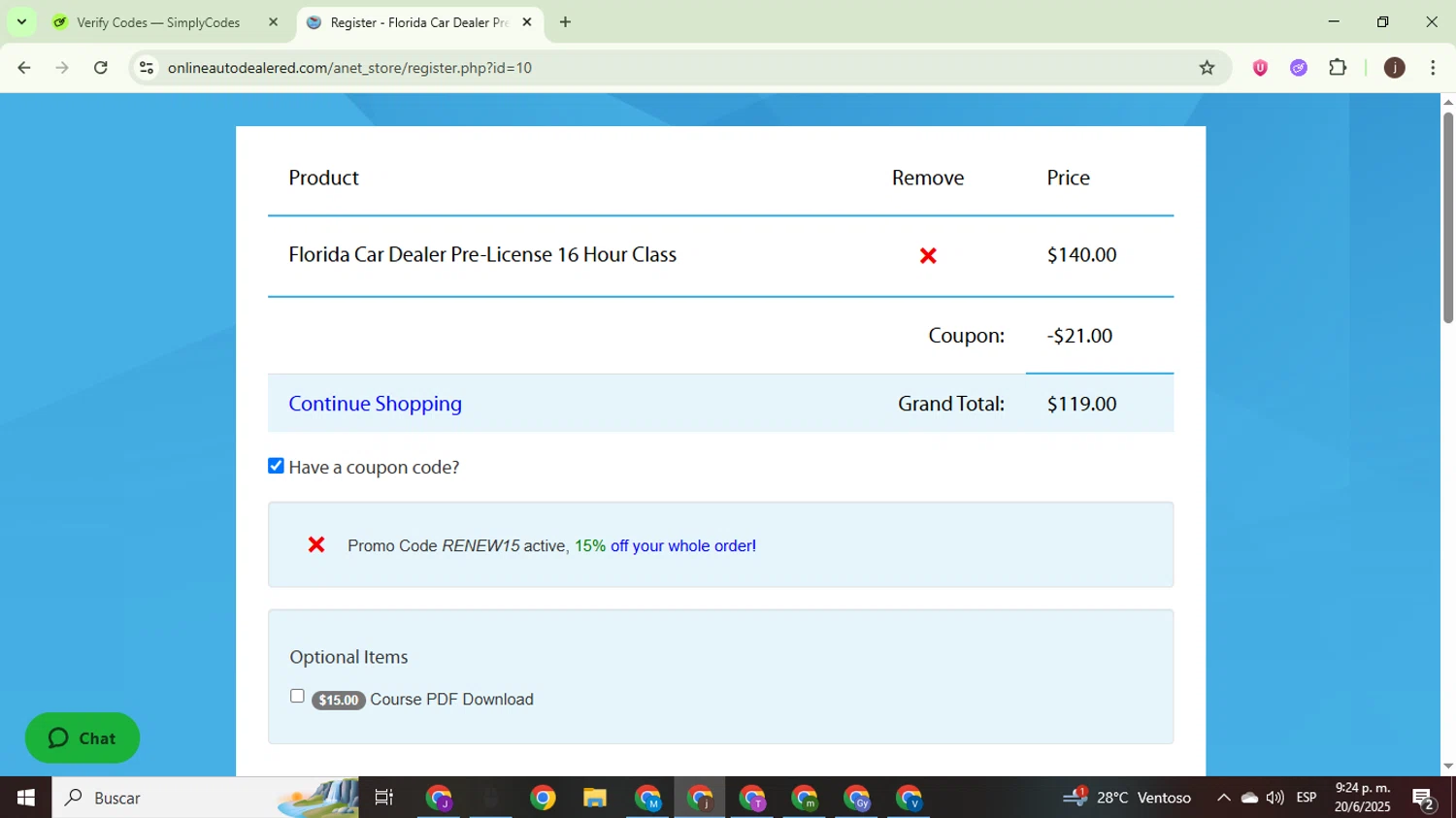 Online Auto Dealer Ed promo code screenshot showing code RENEW15 applied at Online Auto Dealer Ed checkout page. Uploaded by SimplyCodes community member WonderEagle9833 on Jun 21, 2025