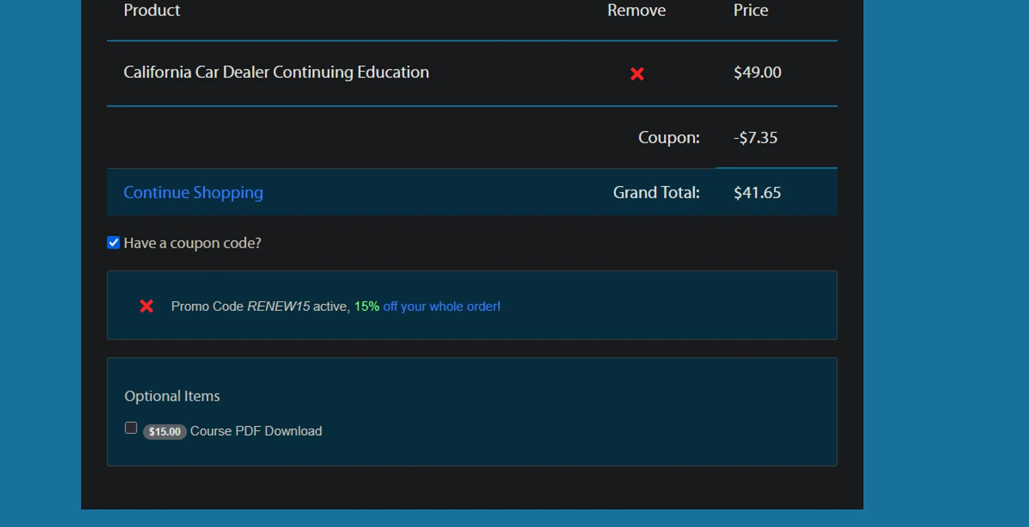 Online Auto Dealer Ed promo code screenshot showing code RENEW15 applied at Online Auto Dealer Ed checkout page. Uploaded by SimplyCodes community member xocelot44x on Jun 7, 2025