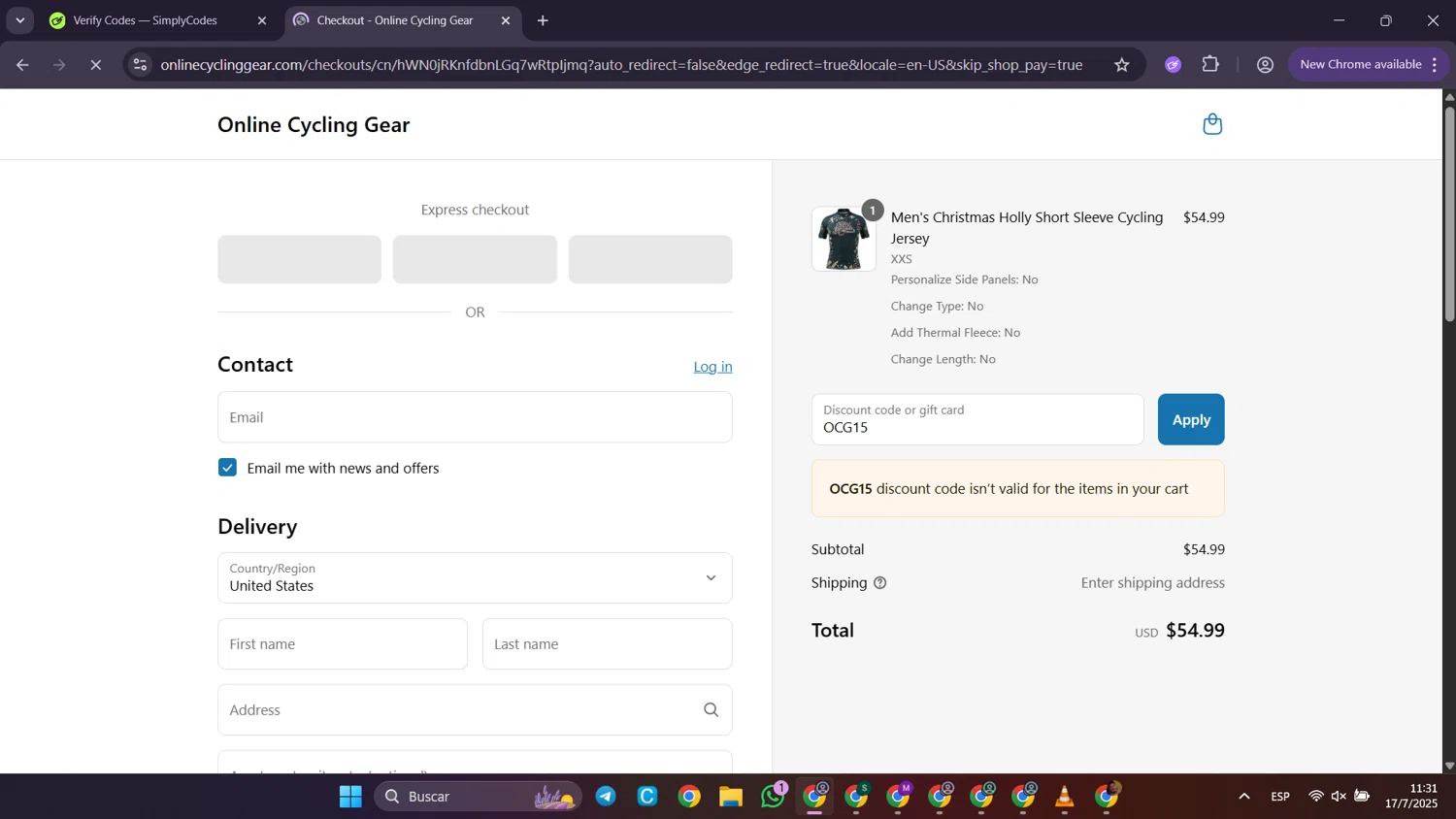 Online Cycling Gear discount code screenshot showing code OCG15 applied at Online Cycling Gear checkout page. Uploaded by SimplyCodes community member Puppet on Jul 17, 2025