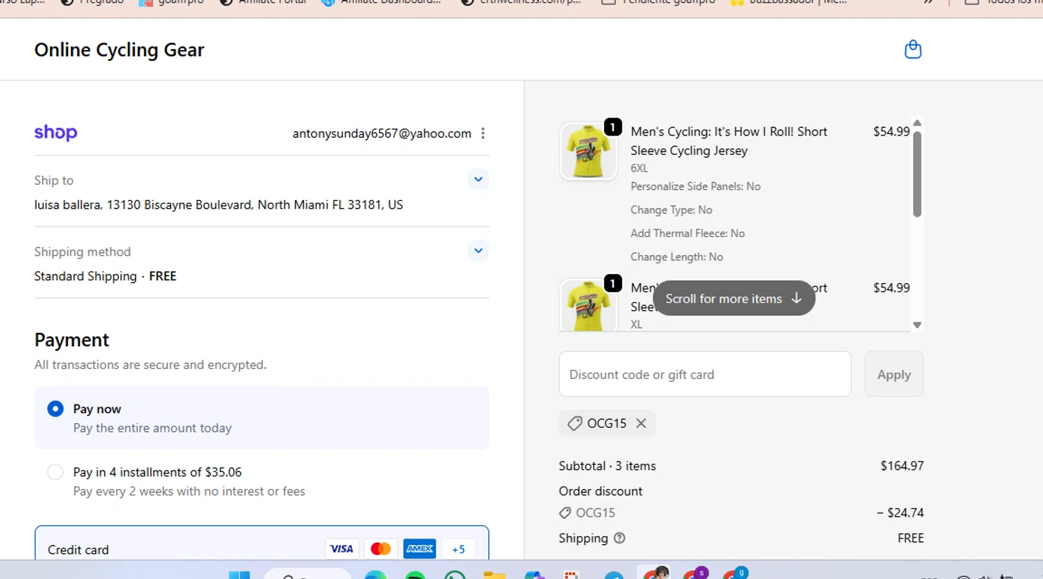 Online Cycling Gear discount code screenshot showing code OCG15 applied at Online Cycling Gear checkout page. Uploaded by SimplyCodes community member luisaballera on Oct 21, 2025