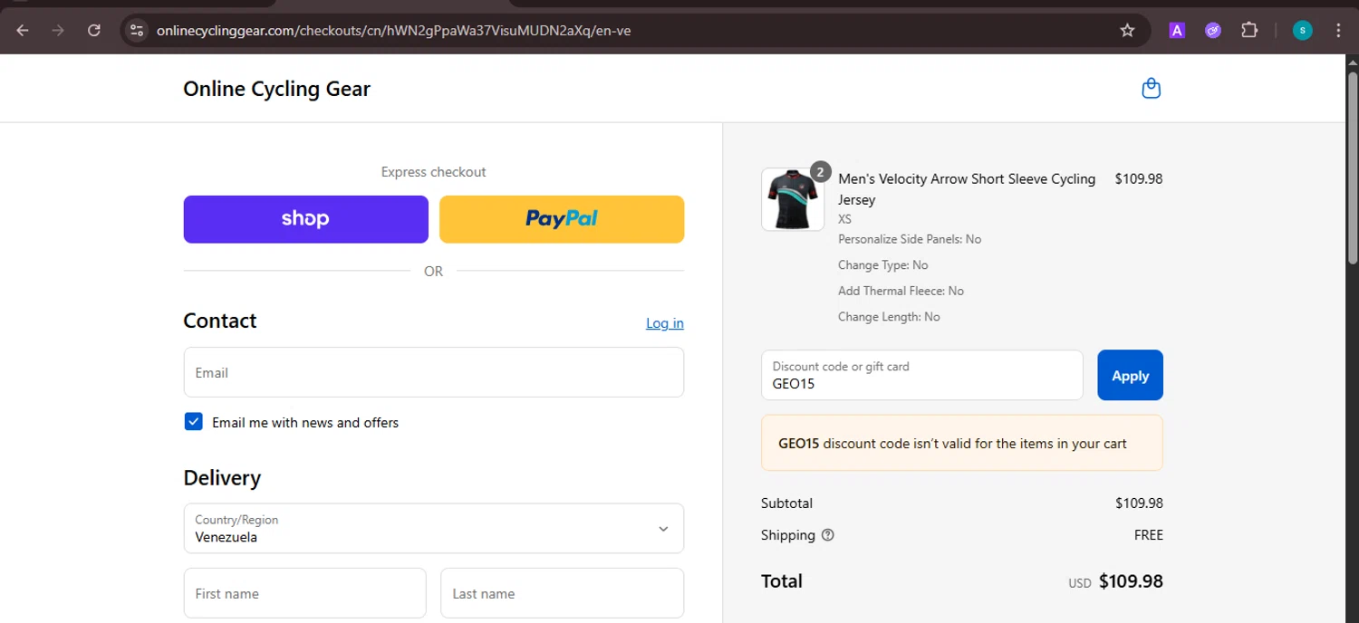 Online Cycling Gear discount code screenshot showing code GEO15 applied at Online Cycling Gear checkout page. Uploaded by SimplyCodes community member ValiantChaser7723 on Sep 7, 2025