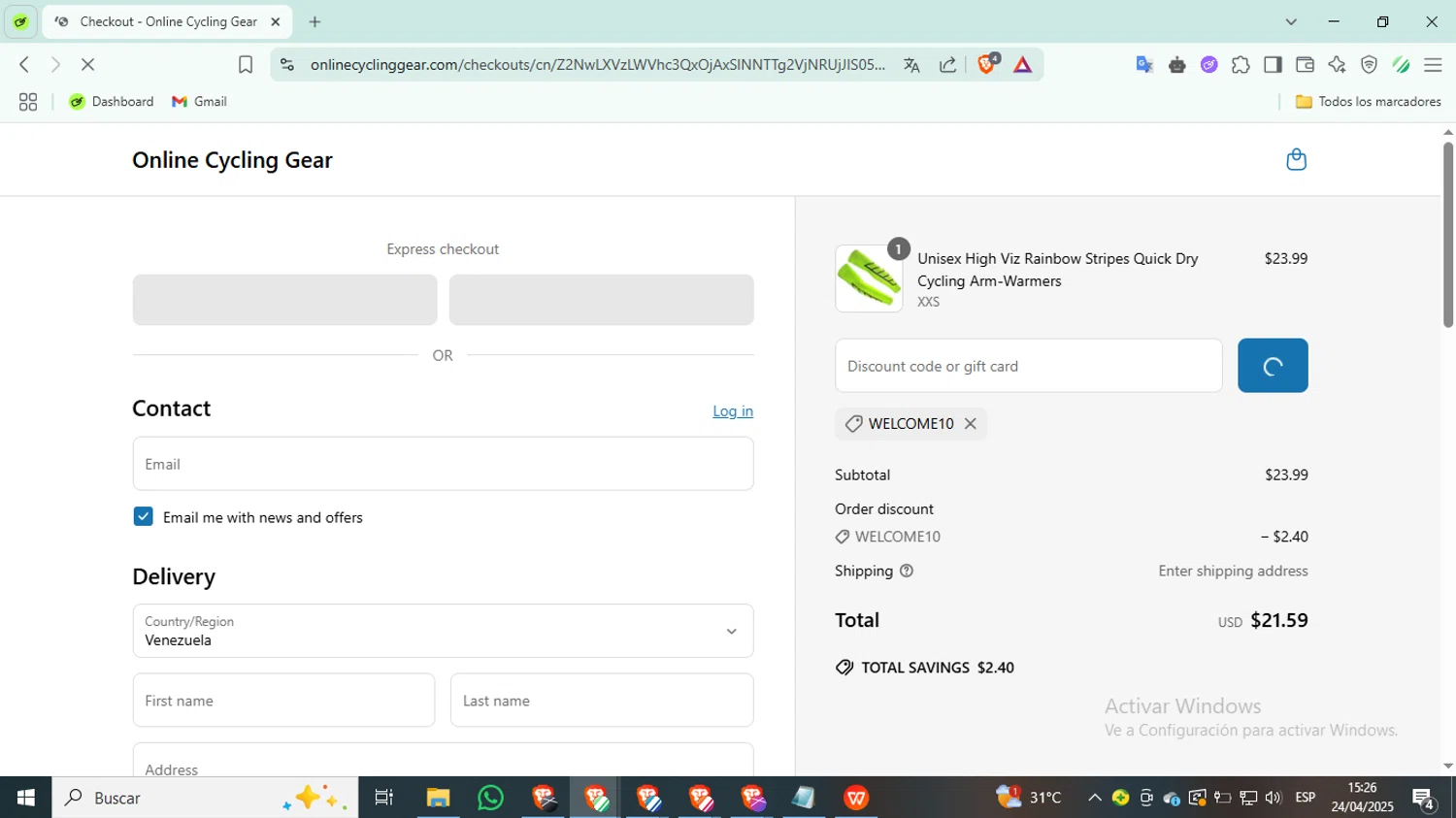 Online Cycling Gear discount code screenshot showing code WELCOME10 applied at Online Cycling Gear checkout page. Uploaded by SimplyCodes community member QuestScholar3007 on Apr 24, 2025