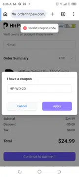 HP-WD-20 coupon verification screenshot