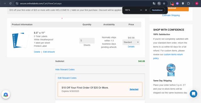 Online Labels checkout page showing Online Labels coupon code box | Screenshot taken by SimplyCodes community member on Jun 6, 2025