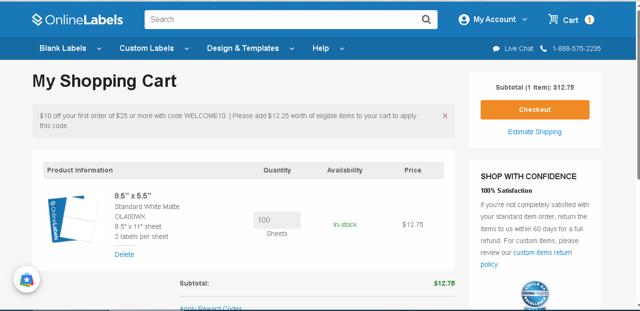 Online Labels checkout page showing Online Labels coupon code box | Screenshot taken by SimplyCodes community member on Apr 16, 2025