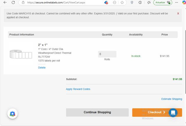 Online Labels checkout page showing Online Labels coupon code box | Screenshot taken by SimplyCodes community member on Mar 26, 2025