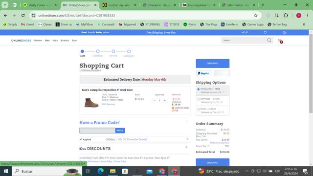 OnlineShoes checkout page showing OnlineShoes promo code box | Screenshot taken by SimplyCodes community member on Apr 29, 2024