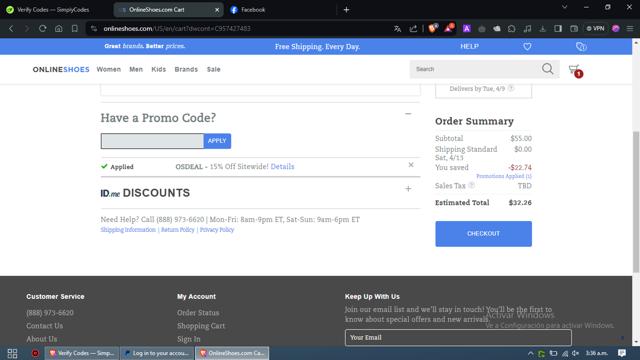 OnlineShoes checkout page showing OnlineShoes promo code box | Screenshot taken by SimplyCodes community member on Apr 3, 2024