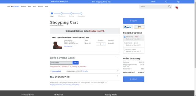 OnlineShoes checkout page showing OnlineShoes promo code box | Screenshot taken by SimplyCodes community member on Jun 1, 2024